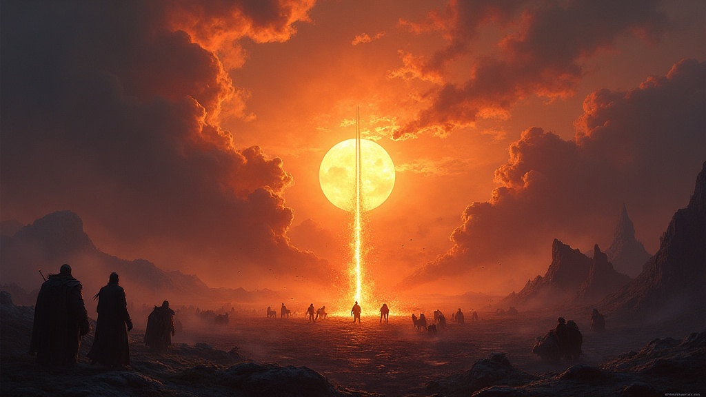 Surtr's fire sweeping across the Nine Worlds at Ragnarok, gods and giants in silhouette against a burning sky