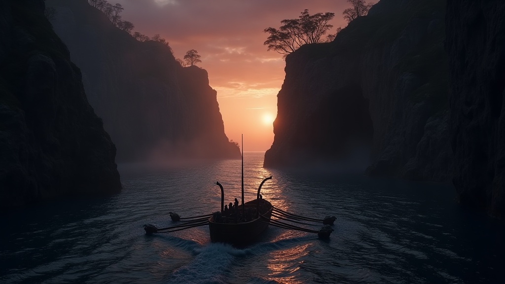 Ancient Greek trireme navigating a narrow strait between Scylla's cliff and Charybdis's whirlpool at dusk