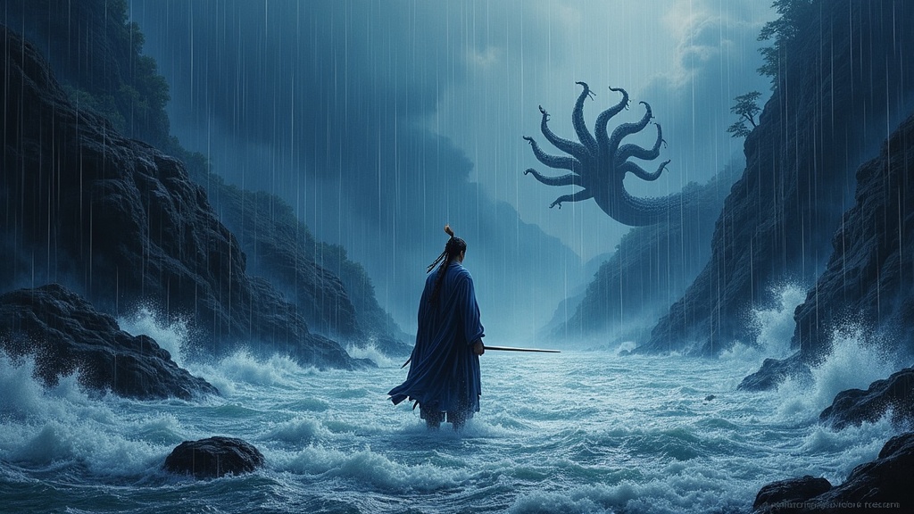 Susanoo the storm god confronting Yamata no Orochi in the rivers of Izumo